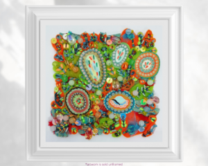 Tropical Textile Art in Lime Green and Bright Orange, on a Small Canvas Panel