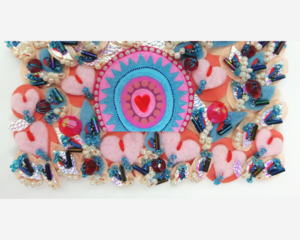 Heart Textile Art in Pink and Blue on Small Canvas Panel with Beadwork, full of Delicate Hand Embroidery