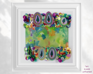 Mixed Media Landscape Painting on Small Wooden Panel. Abstract Green and Purple Wall Decor with Fabrics, Sequins and Beads