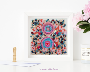 Heart Textile Art in Pink and Blue on Small Canvas Panel with Beadwork, full of Delicate Hand Embroidery