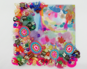 Colourful Cloud Art. An Abstract Sky Painting with lots of Textile Art and Beads on Small Wood Panel