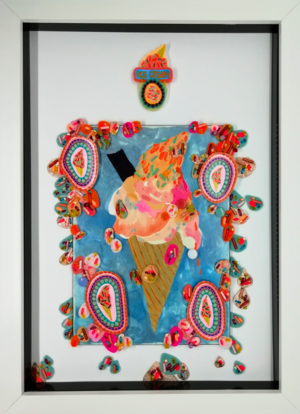Ice Cream Cone Artwork: Mixed Media Gouache Painting on Wood Panel
