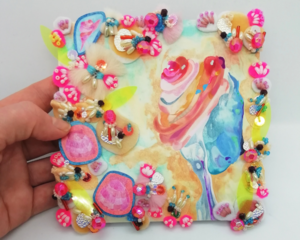 Abstract Shell Painting on Small Square Wooden Panel. Mixed Media Beach Art