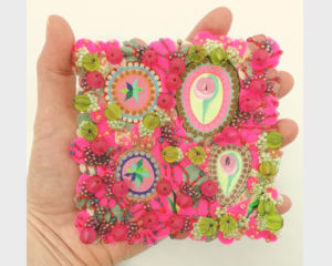 Beaded Picture by Floral Textile Artist. Mini Botanical Wall Art in Pink and Green