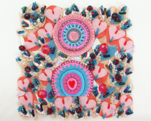 Heart Textile Art in Pink and Blue on Small Canvas Panel with Beadwork, full of Delicate Hand Embroidery