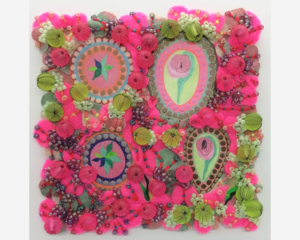 Beaded Picture by Floral Textile Artist. Mini Botanical Wall Art in Pink and Green