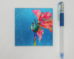 Vivid Flower Painting made with Gouache, Inks and Coloured Pencil, on a 4 x 4 inch Wood Panel