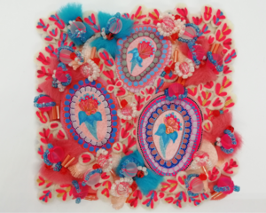 Abstract Pink and Blue Floral Textile Artwork on Small Canvas Panel, a Decorative Beaded Wall Picture