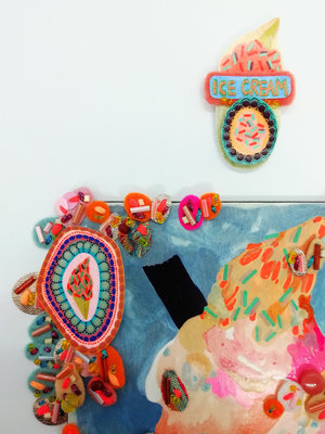 Ice Cream Cone Artwork: Mixed Media Gouache Painting on Wood Panel