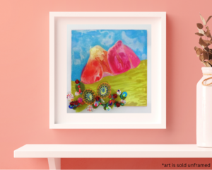 Magical Landscape Painting of Red Rocks with Textile Art. Unusual Mini Wall Decor with Hand Stitched Embroidery