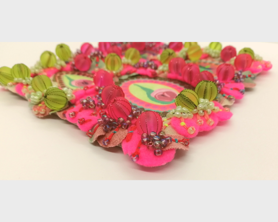 Beaded Picture by Floral Textile Artist. Mini Botanical Wall Art in Pink and Green