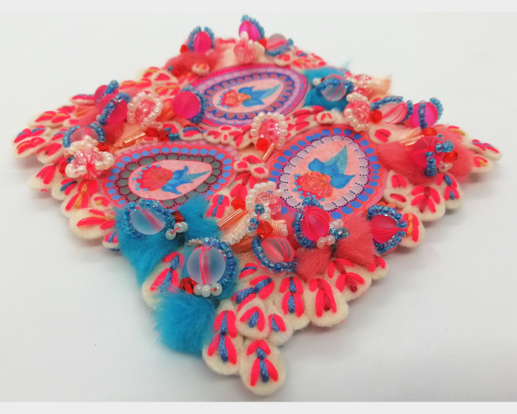 Abstract Pink and Blue Floral Textile Artwork on Small Canvas Panel, a Decorative Beaded Wall Picture