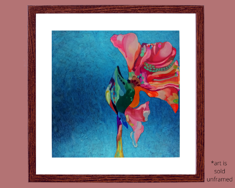 Vivid Flower Painting made with Gouache, Inks and Coloured Pencil, on a 4 x 4 inch Wood Panel