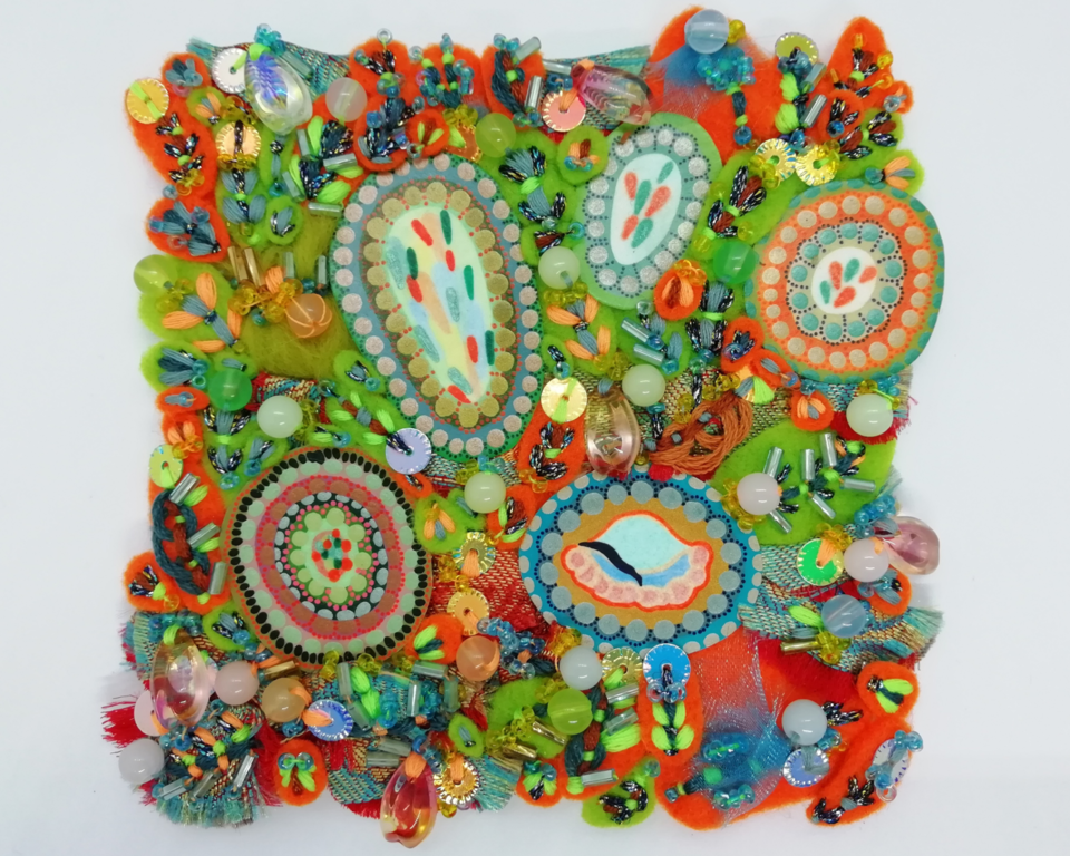 Tropical Textile Art in Lime Green and Bright Orange, on a Small Canvas Panel