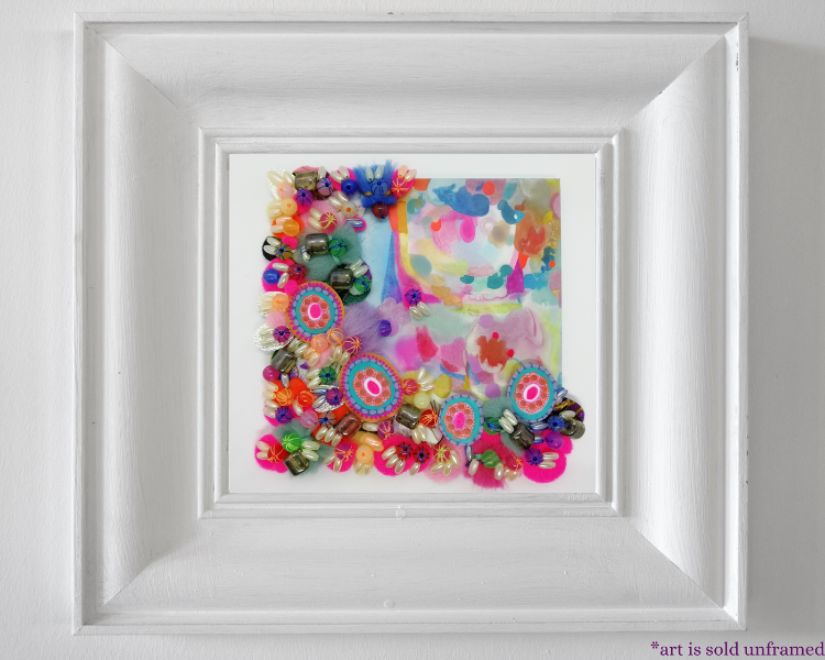 Colourful Cloud Art. An Abstract Sky Painting with lots of Textile Art and Beads on Small Wood Panel