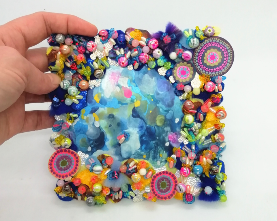 Decorative Abstract Night-Sky Painting full of Textured Beadwork with Hand-Stitched Fabrics