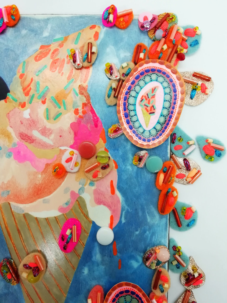 Ice Cream Cone Artwork: Mixed Media Gouache Painting on Wood Panel