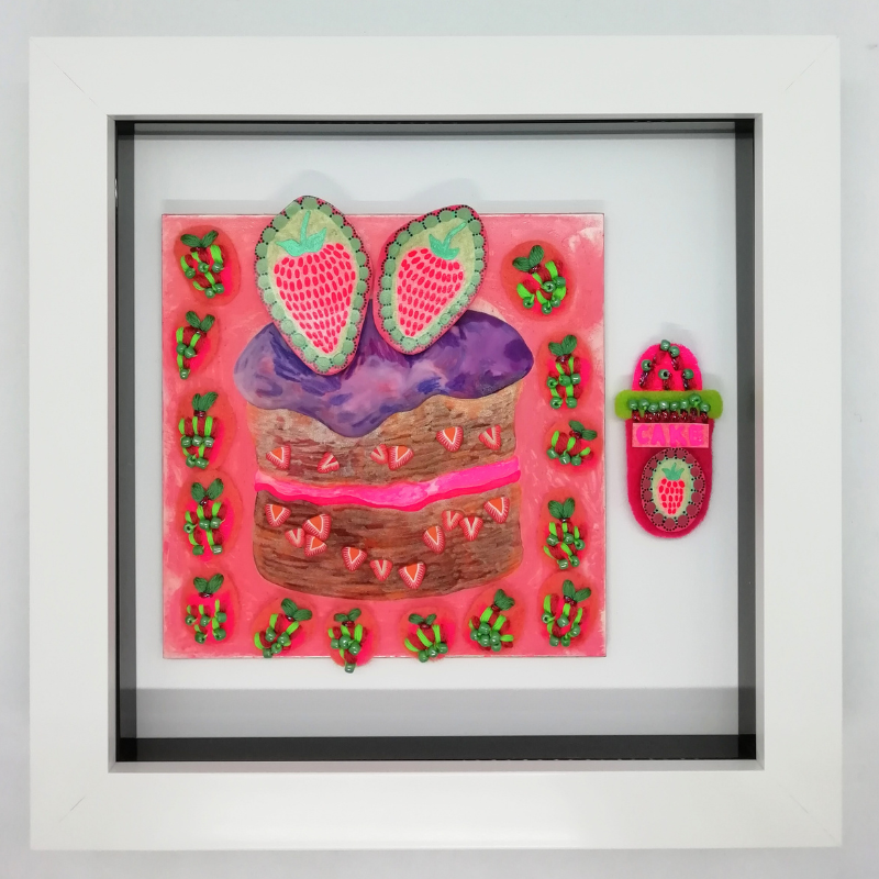 Colourful Fabric and Bead Strawberry Cake Painting