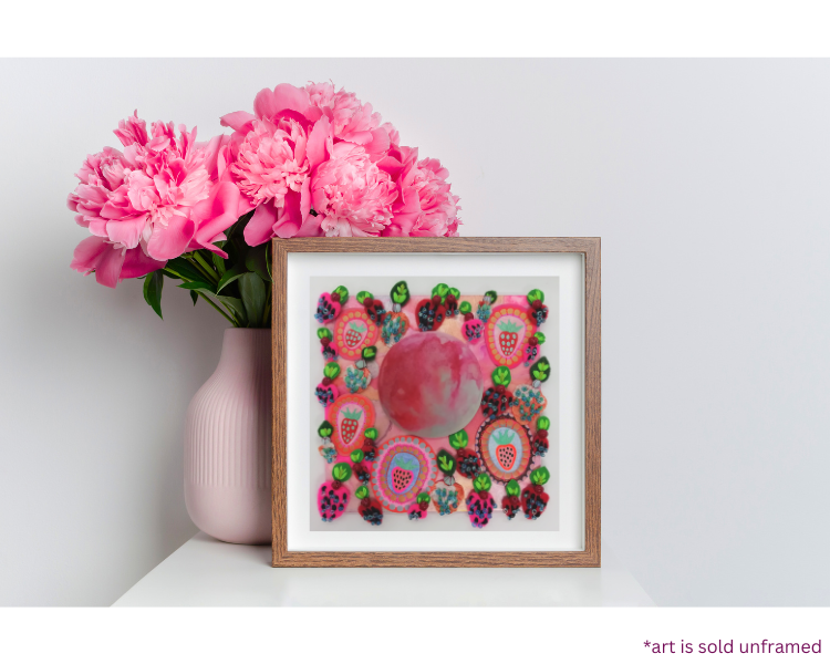 Pink Moon Art. Quirky Outer-Space Mixed Media Wall Decor on Small Wood Panel