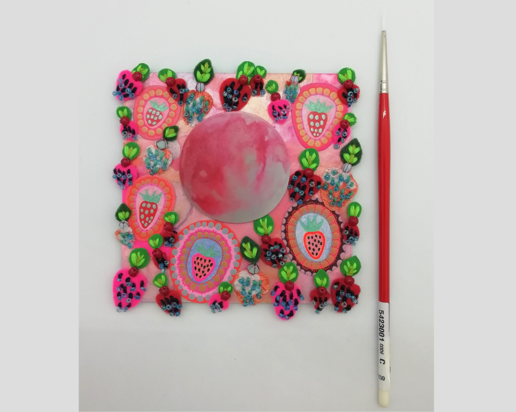 Pink Moon Art. Quirky Outer-Space Mixed Media Wall Decor on Small Wood Panel