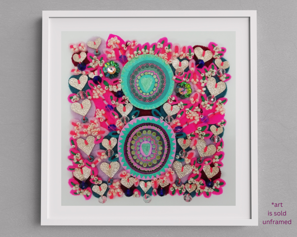 Romantic Wall Decor for the Bedroom. A Pretty Textile Art with Little Hearts, on a Small Canvas Panel