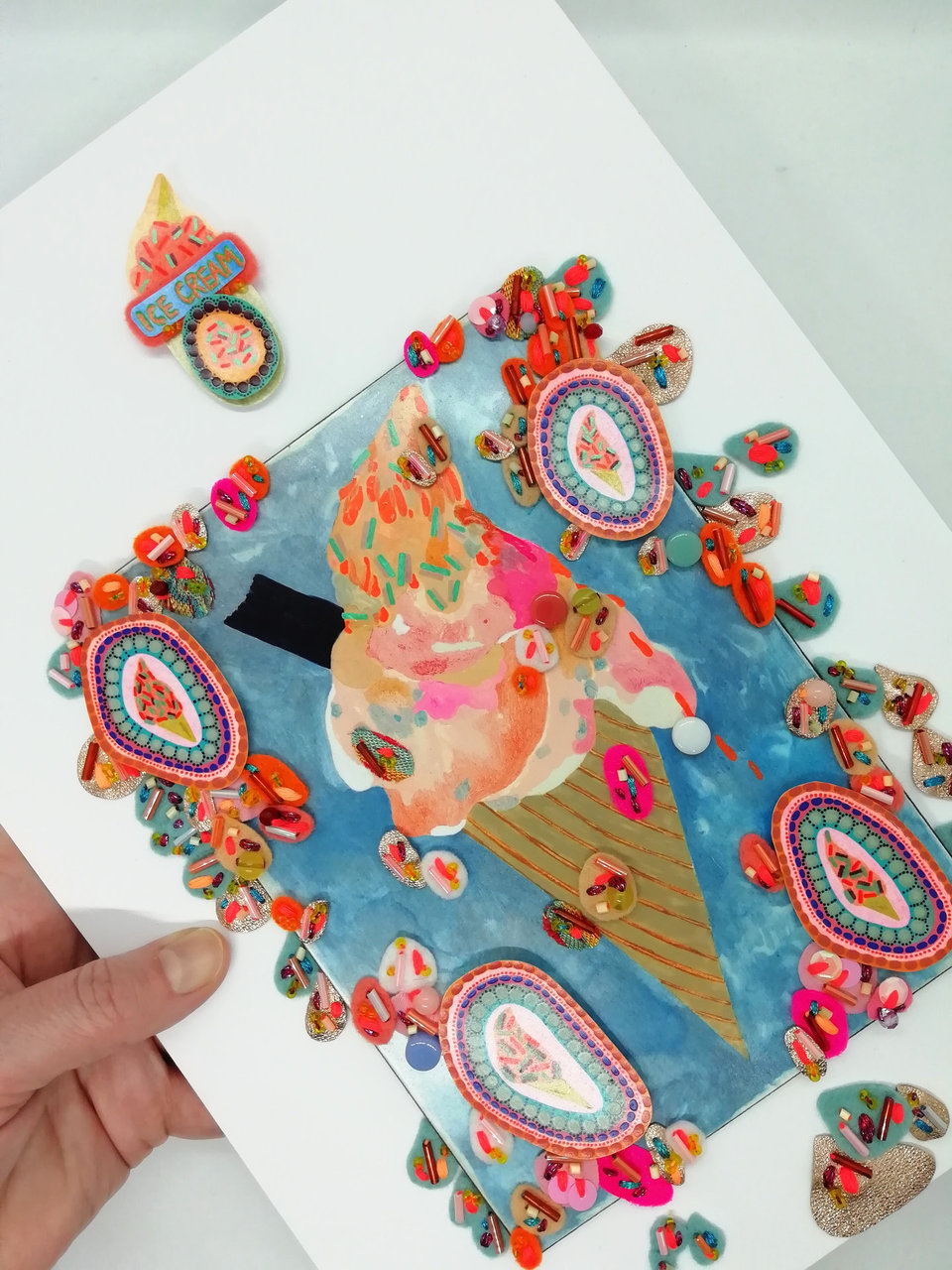 Ice Cream Cone Artwork: Mixed Media Gouache Painting on Wood Panel