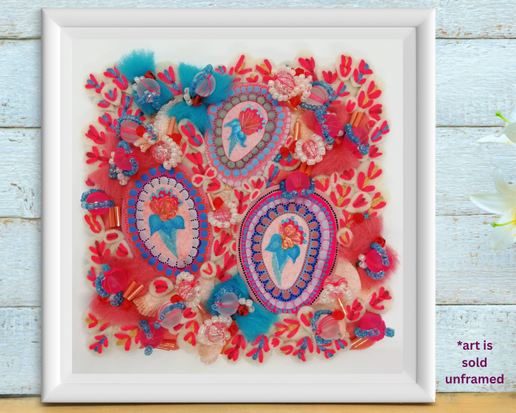 Abstract Pink and Blue Floral Textile Artwork on Small Canvas Panel, a Decorative Beaded Wall Picture