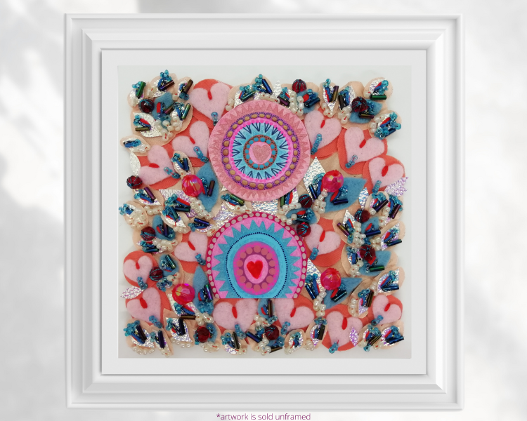 Heart Textile Art in Pink and Blue on Small Canvas Panel with Beadwork, full of Delicate Hand Embroidery