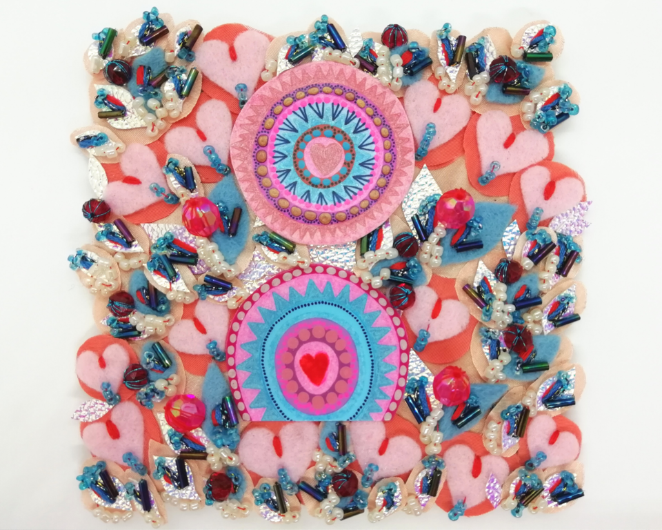 Heart Textile Art in Pink and Blue on Small Canvas Panel with Beadwork, full of Delicate Hand Embroidery