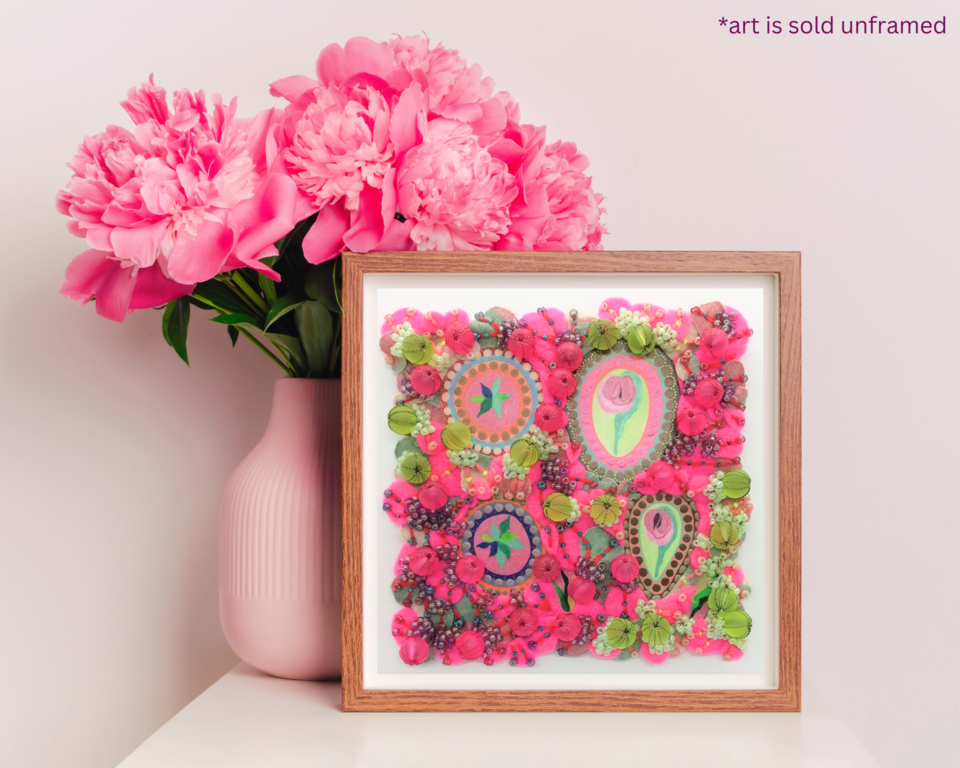 Beaded Picture by Floral Textile Artist. Mini Botanical Wall Art in Pink and Green