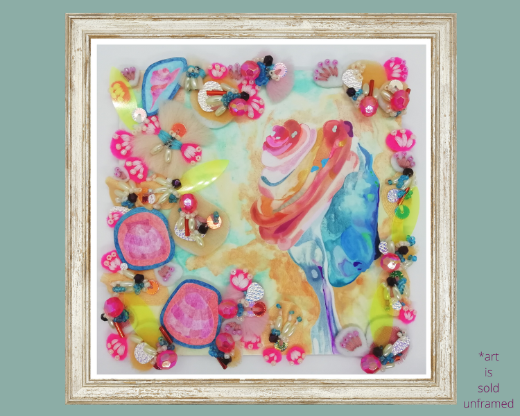 Abstract Shell Painting on Small Square Wooden Panel. Mixed Media Beach Art