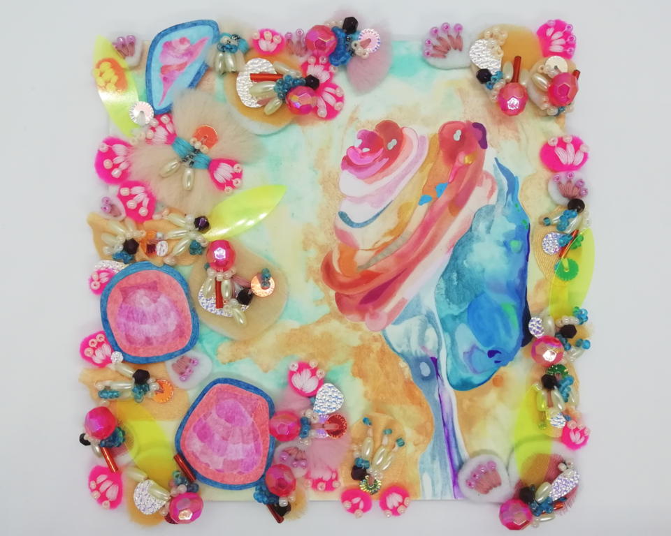 Abstract Shell Painting on Small Square Wooden Panel. Mixed Media Beach Art