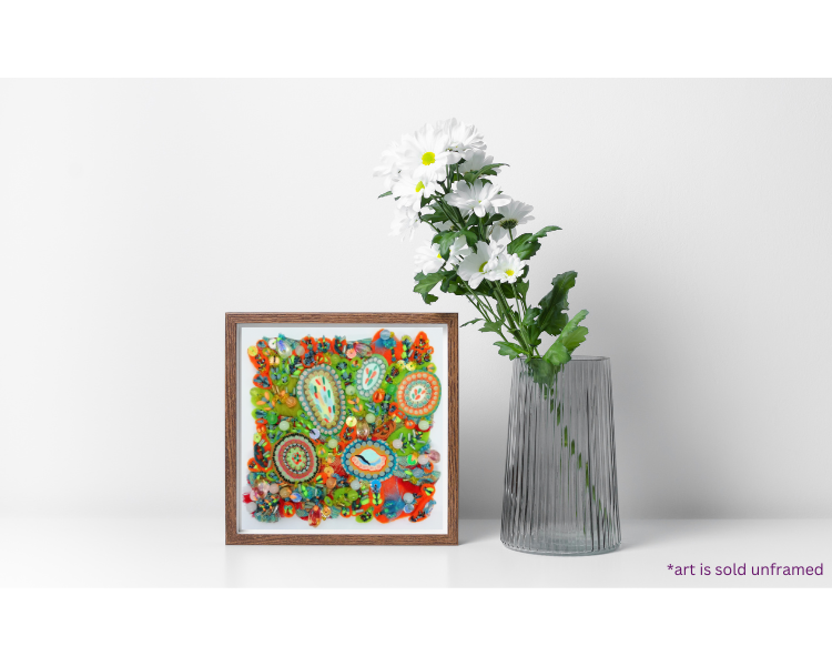 Tropical Textile Art in Lime Green and Bright Orange, on a Small Canvas Panel