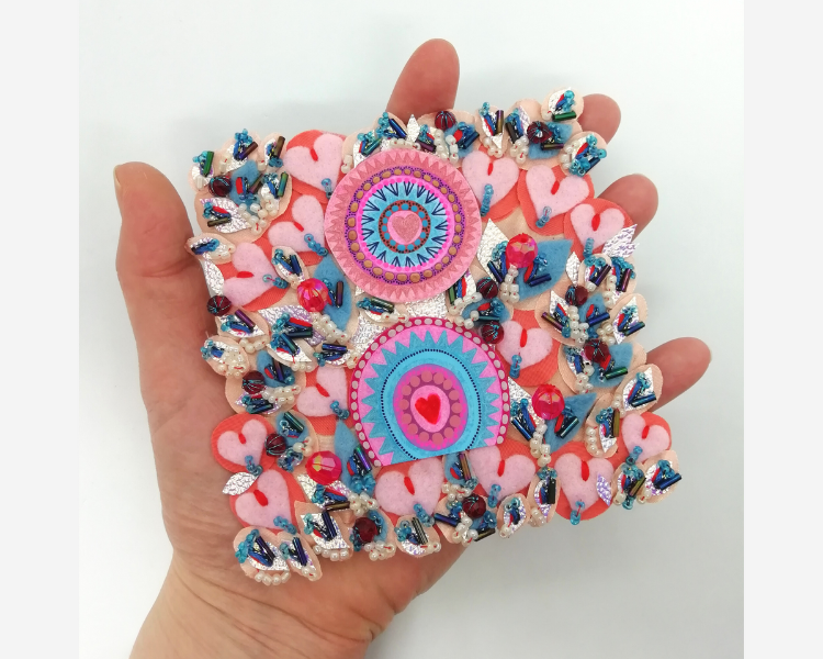 Heart Textile Art in Pink and Blue on Small Canvas Panel with Beadwork, full of Delicate Hand Embroidery