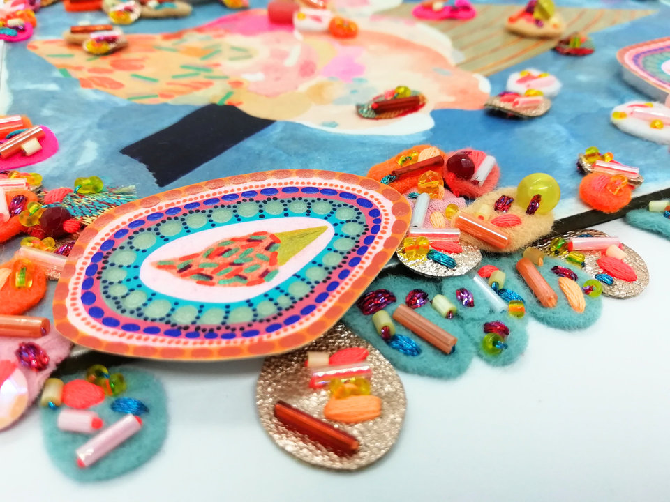 Ice Cream Cone Artwork: Mixed Media Gouache Painting on Wood Panel