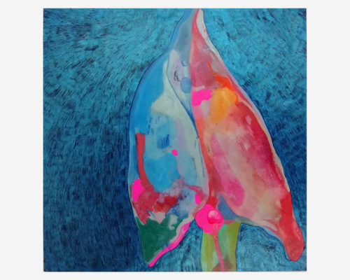 A multicoloured painting of a single stem abstract flower against a sparkly blue sky, on a 4 inch wooden panel