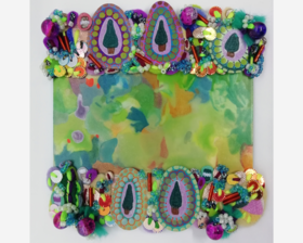 Mixed Media Landscape Painting on Small Wooden Panel. Abstract Green and Purple Wall Decor with Fabrics, Sequins and Beads