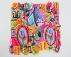 Colourful Hawaiian themed mixed media textile painting with an abstract pink and blue flower painted in the centre, surrounded by textiles and beads, on a 4 inch wooden panel