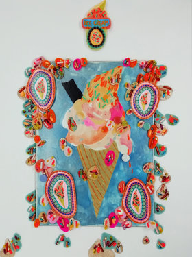 Ice Cream Cone Artwork: Mixed Media Gouache Painting on Wood Panel
