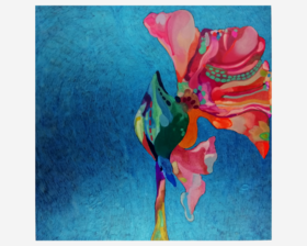 A 4 inch square mixed media painting of a colourful imaginative flower in full bloom with pink and red petals and a sparkly vivid blue sky in the background