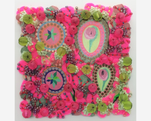 Abstract pink and green floral textile artwork with painted flowers and hand stitched fabrics and decorative beading on a 4 inch canvas panel