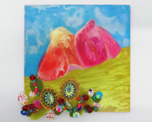 A mixed media painting of 2 red and orange-yellow rocks against a blue sky with white clouds and a green hill in the front which contains hand stitched abstract embroidery and beads, on a 4 inch square wooden panel