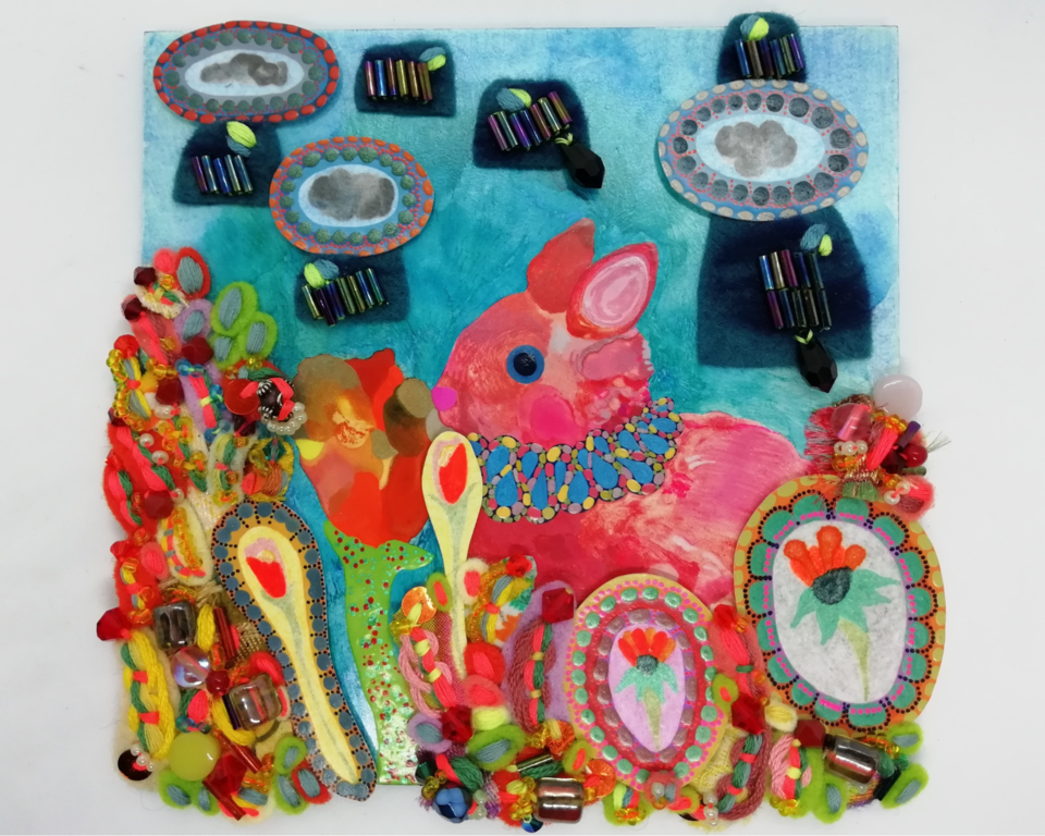 Gouache Rabbit in Bloom: Textile Details & Whimsical Garden (Miniature Art)