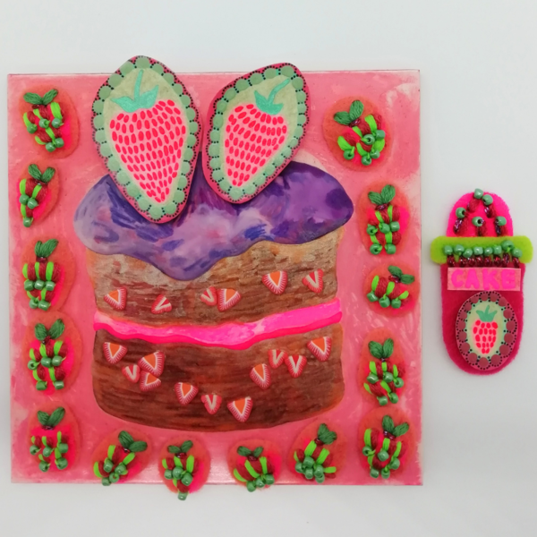 Colourful Fabric and Bead Strawberry Cake Painting